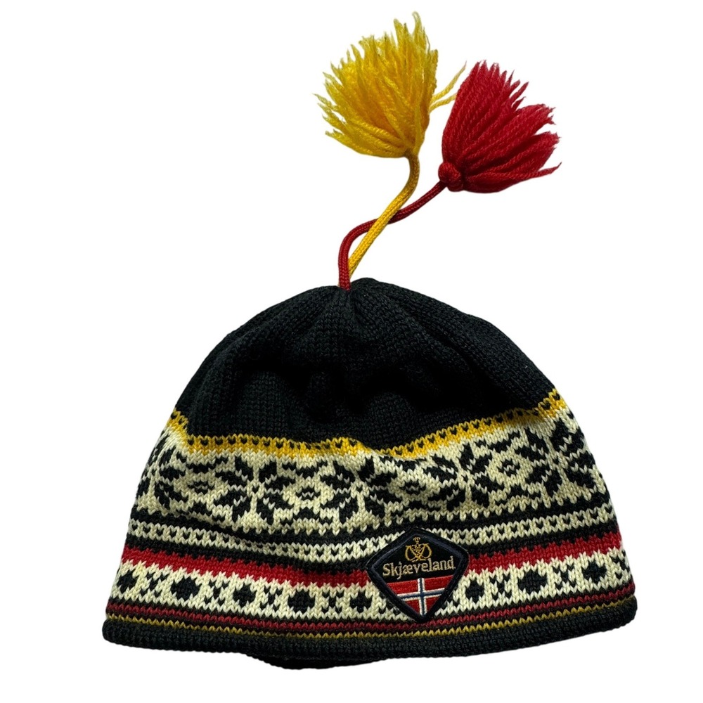 Skjæveland Beanie Unisex M Black Nordic Snowflake Wool Tassel Vintage Gorpcore